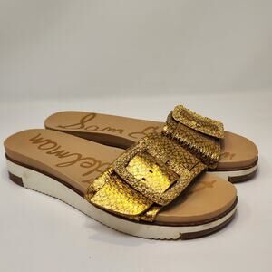 Sam Edelman Ariane Gold Metallic Leather Slide Sandal Women Size 9M Buckle Flats